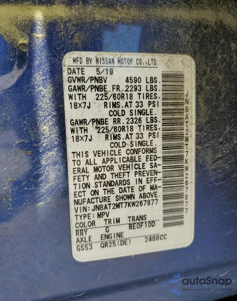 2019 Nissan Rogue S from USA, damaged, VIN JN8AT2MT7KW267877